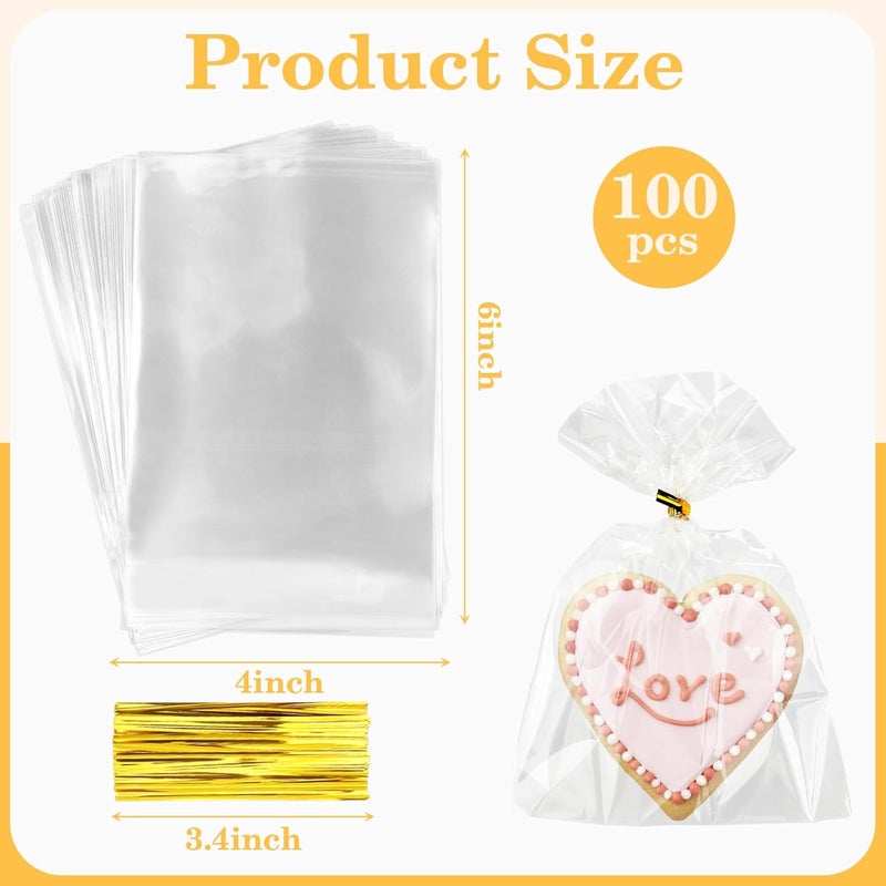 Cidenbio 100 PCS Cellophane Treat Bags, 4x6 In Clear Cellophane Gift Bags with Twist Ties Plastic Goodie Bag for Party Favor Cookie Candy Popcorn Bakery Chocolate Gift Wrapping - Image 3